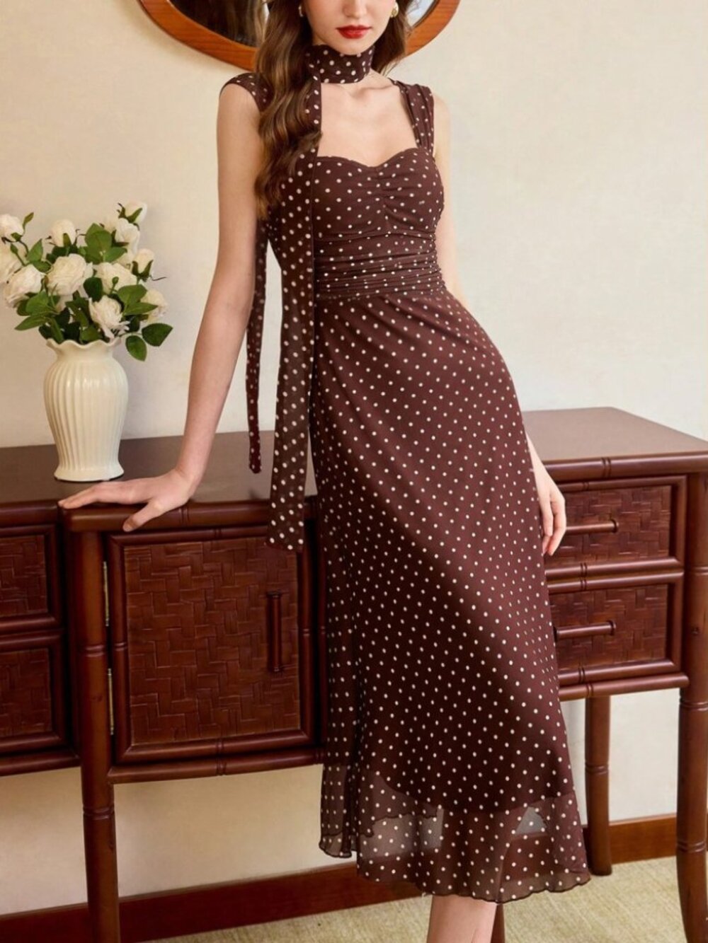 Brown Polka Dot Midi Dress with Attached Scarf Tie - Picture 5 of 7